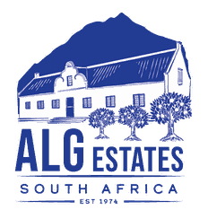 ALG Estates logo: the Cape Dutch homestead and three citrus trees, with the mountain behind.