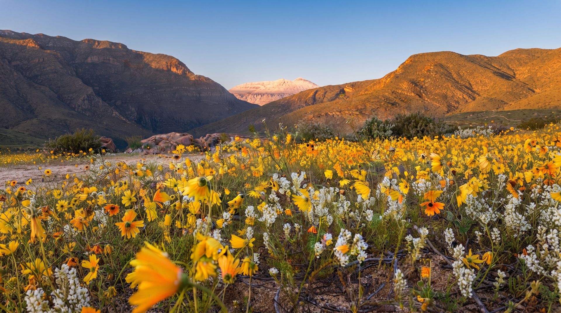 Yellow and white spring flowers on the sandstone floor of a Cederberg valley above Citrusdal, the peaks lit at sunrise