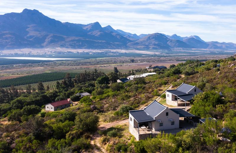 Valley View chalets on the slope at The Baths, looking out over the Olifants River valley to the mountains